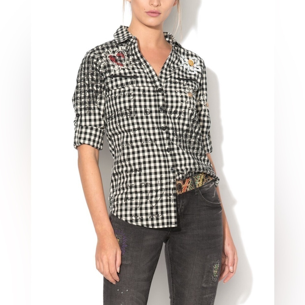 Desigual Gingham Embroidered and Embellished Button Down Shirt